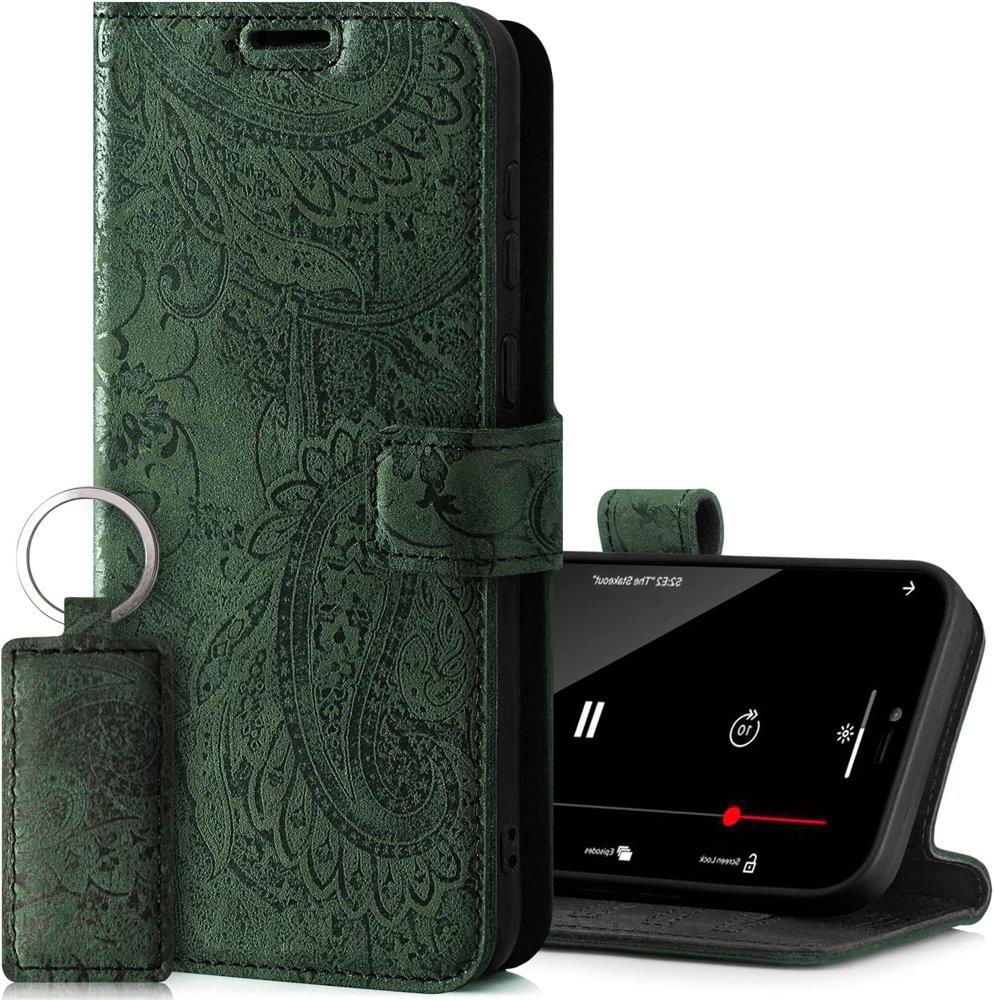 Skórzane etui na telefon RFID Wallet case - Ornament Zielony - TPU Czarne