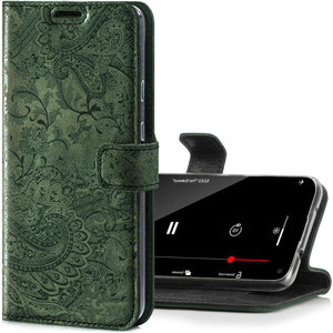 Skórzane etui na telefon Wallet case - Ornament Zielony
